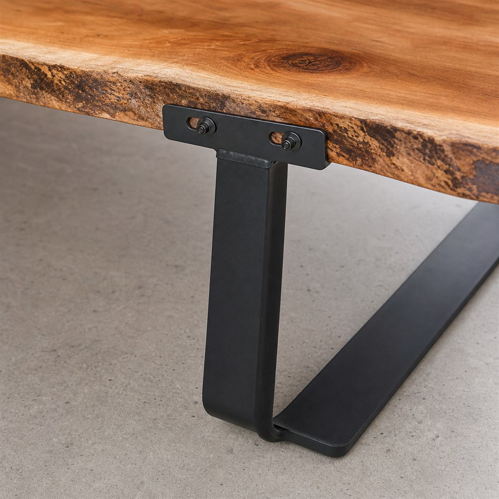 Live-Edge Coffee Table With a Low Steel Sled Base - wood-to-steel interface detail
