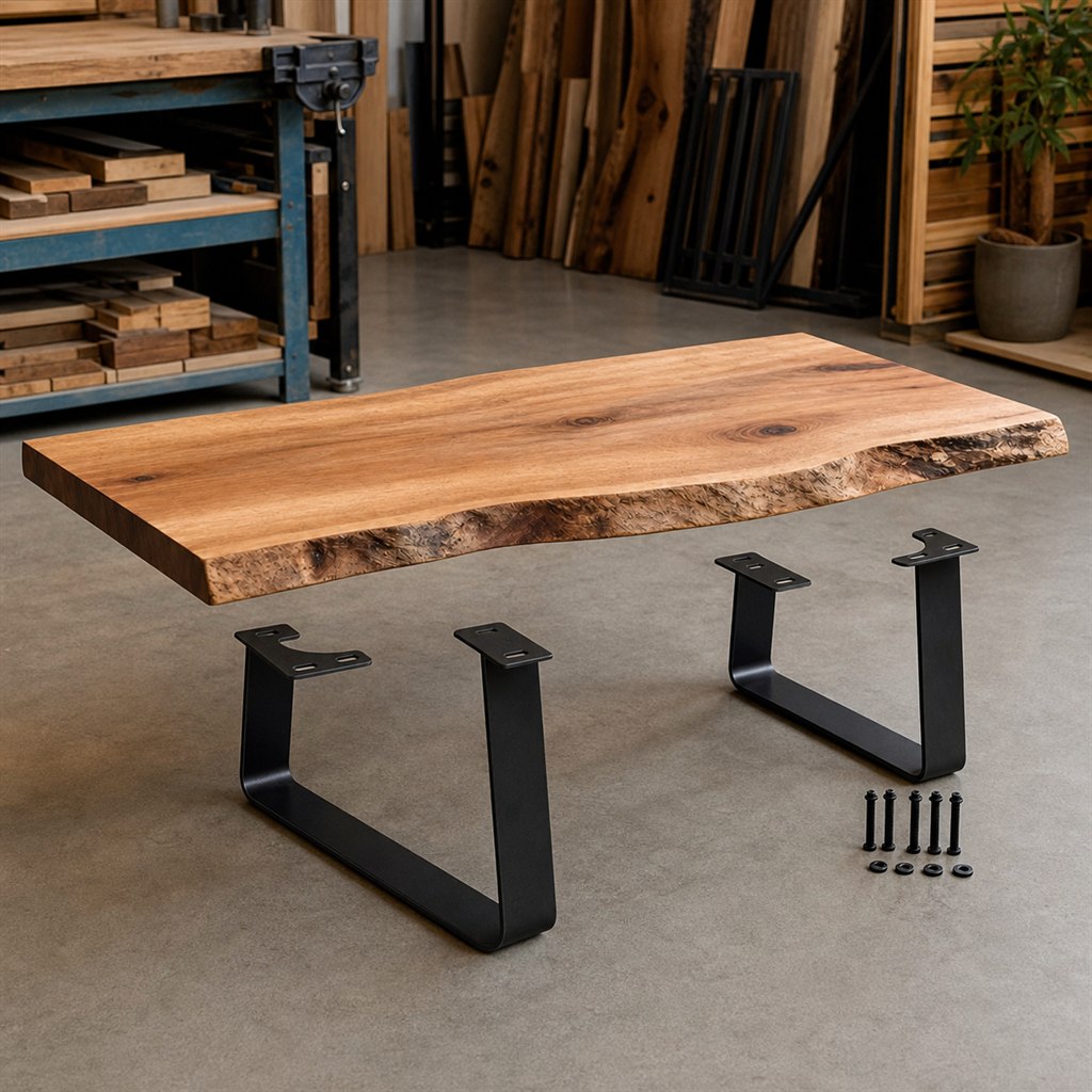 Live-Edge Coffee Table With a Low Steel Sled Base - workshop dry-assembly view