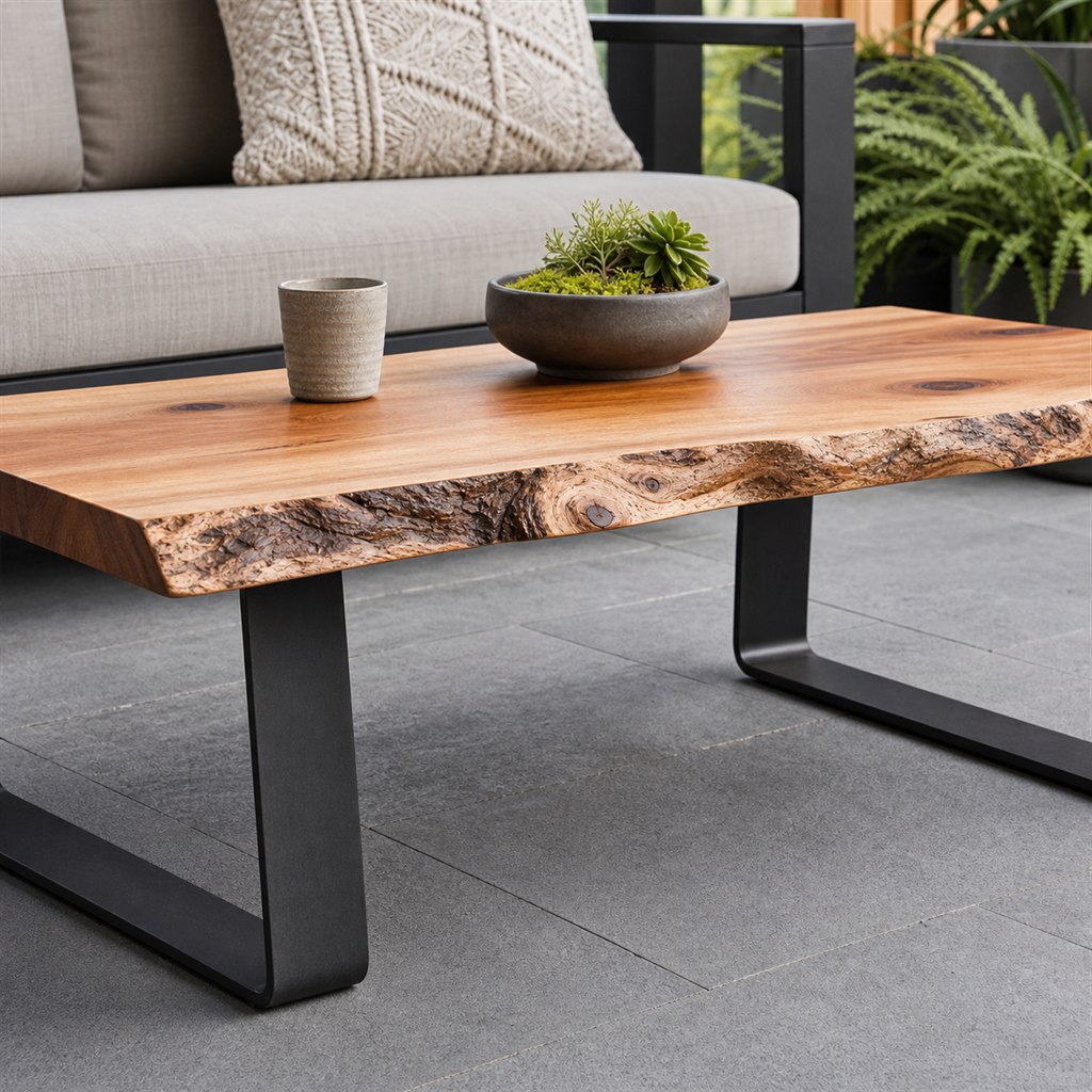 Live-Edge Coffee Table With a Low Steel Sled Base - finished material detail