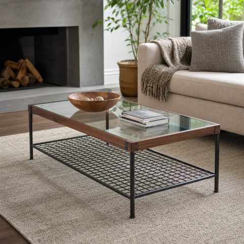Glass-and-Wood Coffee Table With a Steel Grid Frame