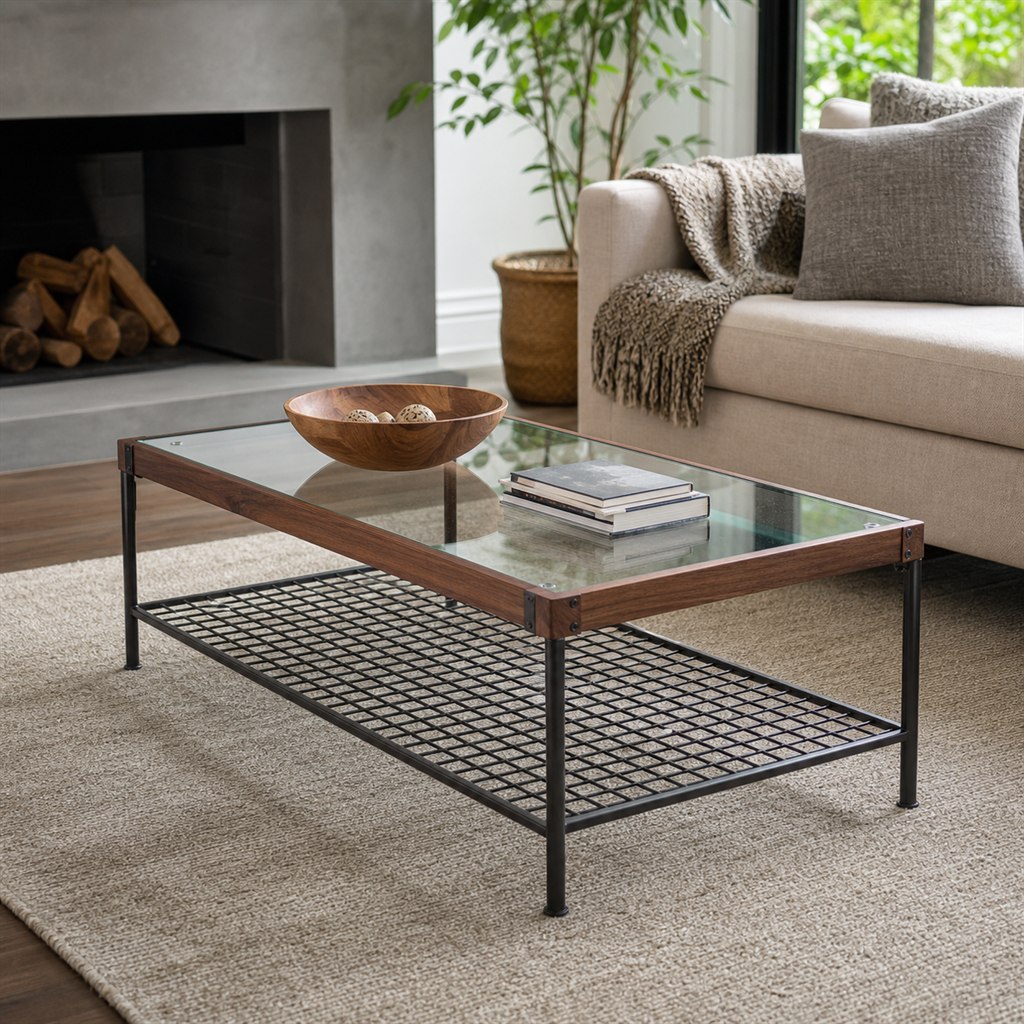Glass-and-Wood Coffee Table With a Steel Grid Frame