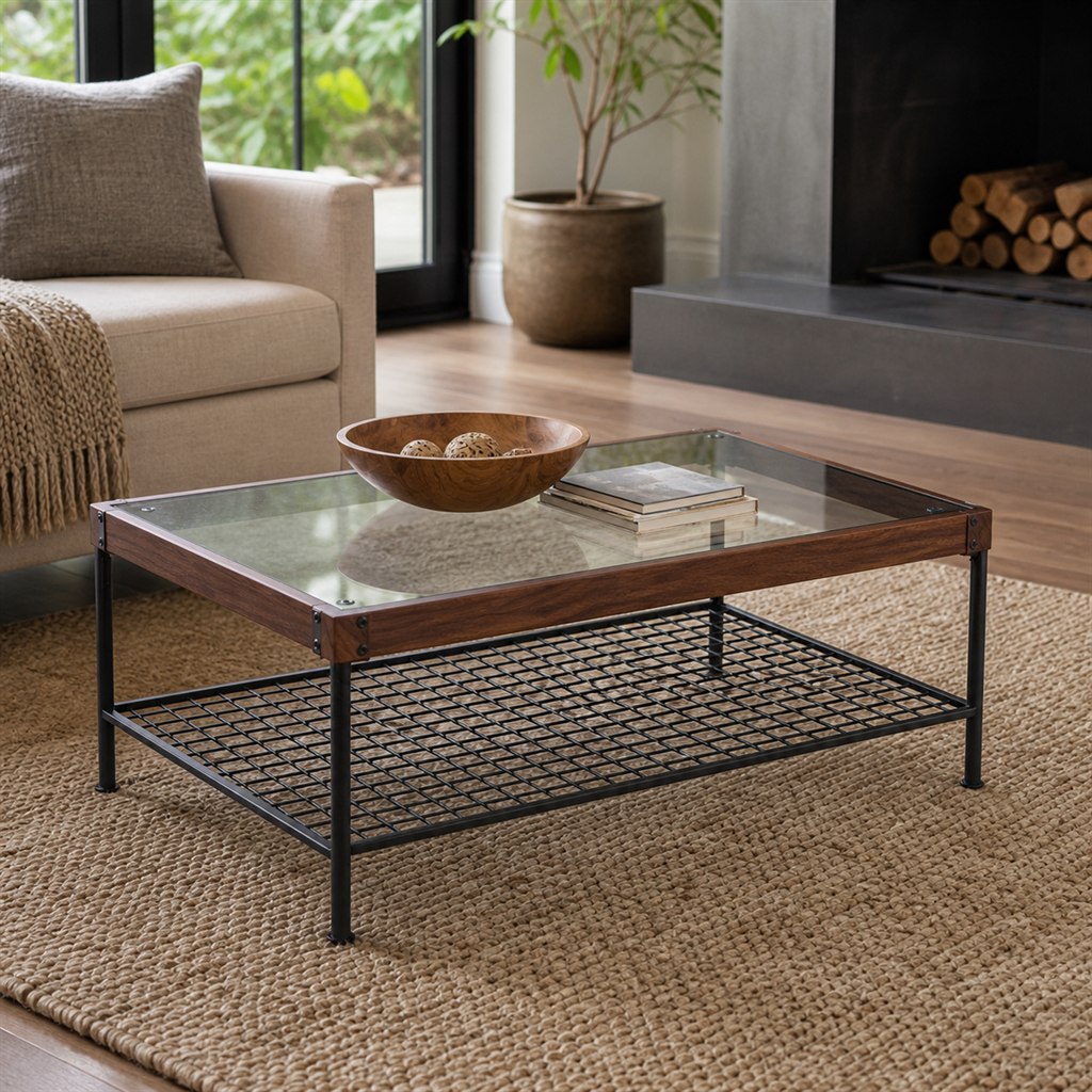 Glass-and-Wood Coffee Table With a Steel Grid Frame - alternate full view