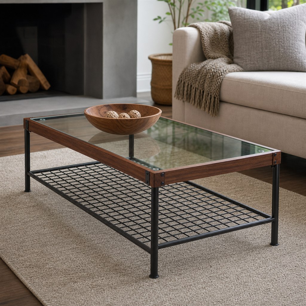 Glass-and-Wood Coffee Table With a Steel Grid Frame - steel-frame detail