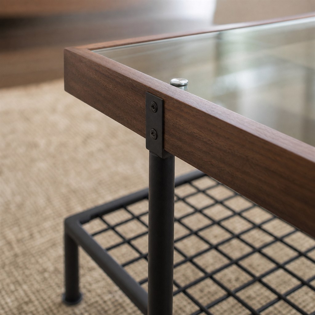 Glass-and-Wood Coffee Table With a Steel Grid Frame - wood-to-steel interface detail