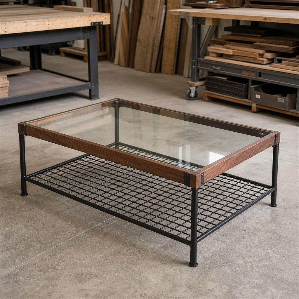 Glass-and-Wood Coffee Table With a Steel Grid Frame - workshop dry-assembly view