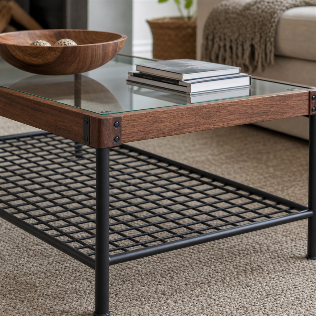 Glass-and-Wood Coffee Table With a Steel Grid Frame - finished material detail
