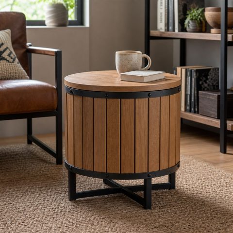Drum Coffee Table With Vertical Wood Slats and Steel Bands