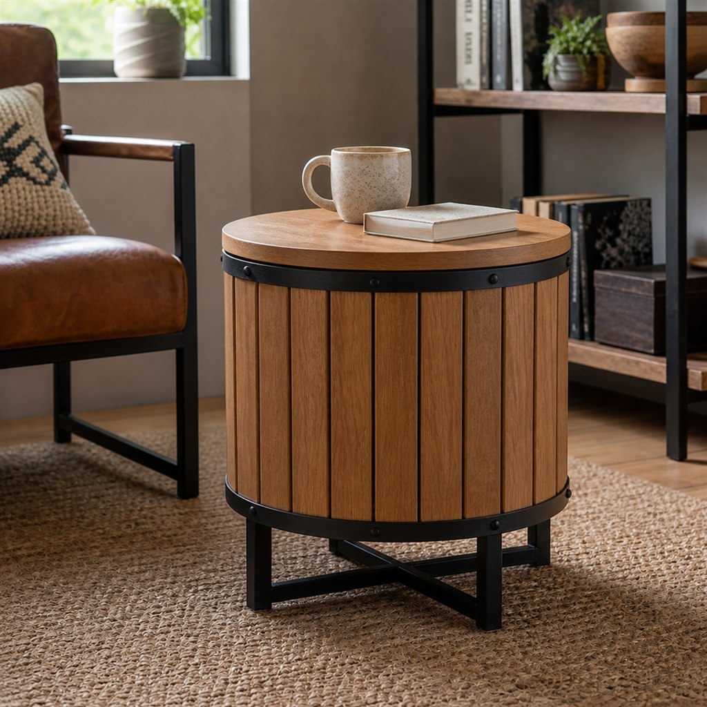 Drum Coffee Table With Vertical Wood Slats and Steel Bands - alternate full view