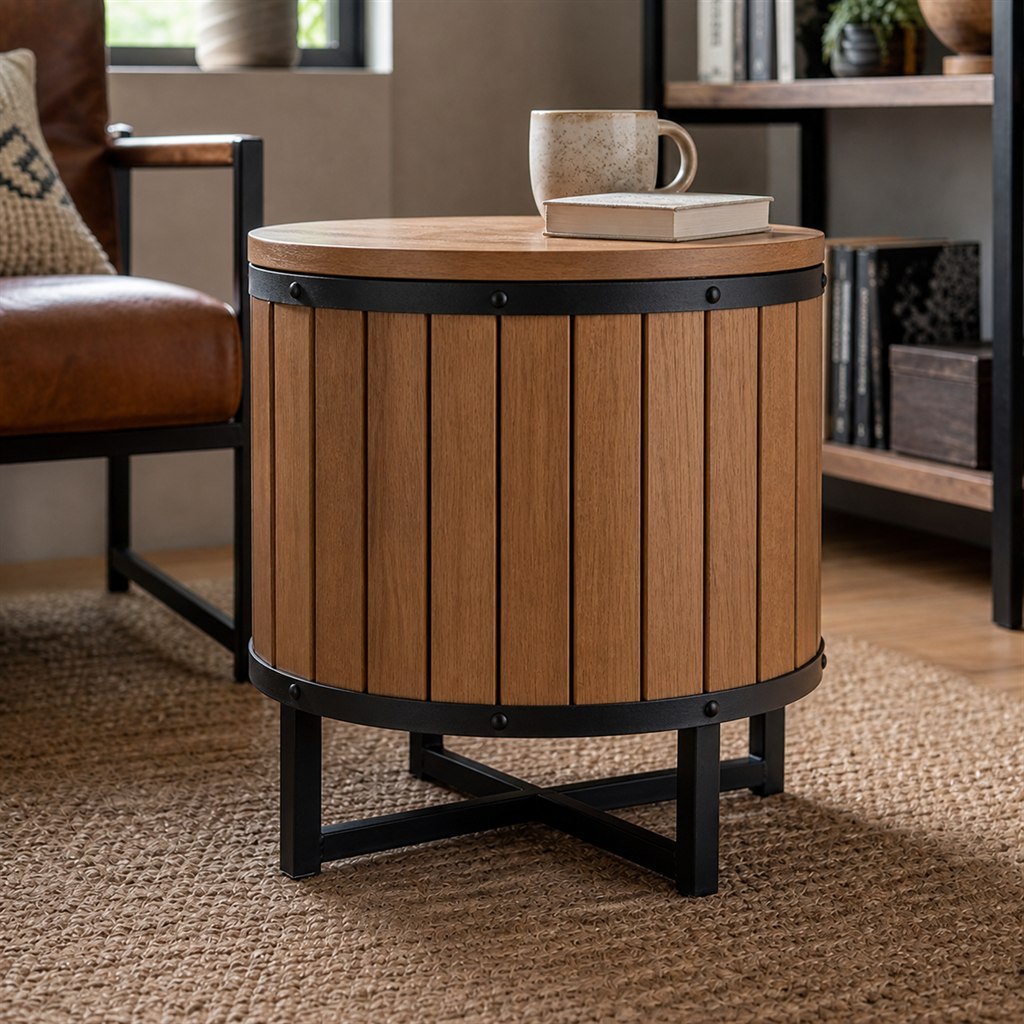 Drum Coffee Table With Vertical Wood Slats and Steel Bands - steel-frame detail