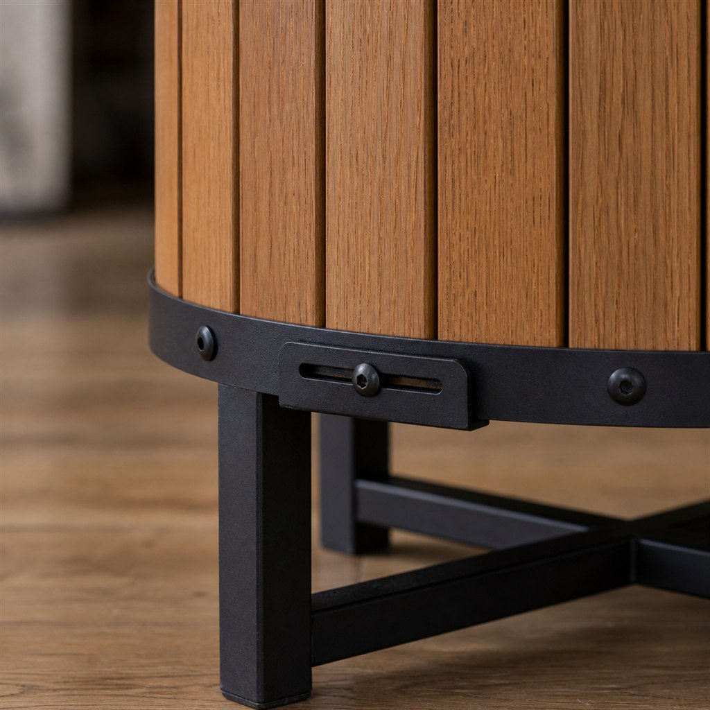 Drum Coffee Table With Vertical Wood Slats and Steel Bands - wood-to-steel interface detail