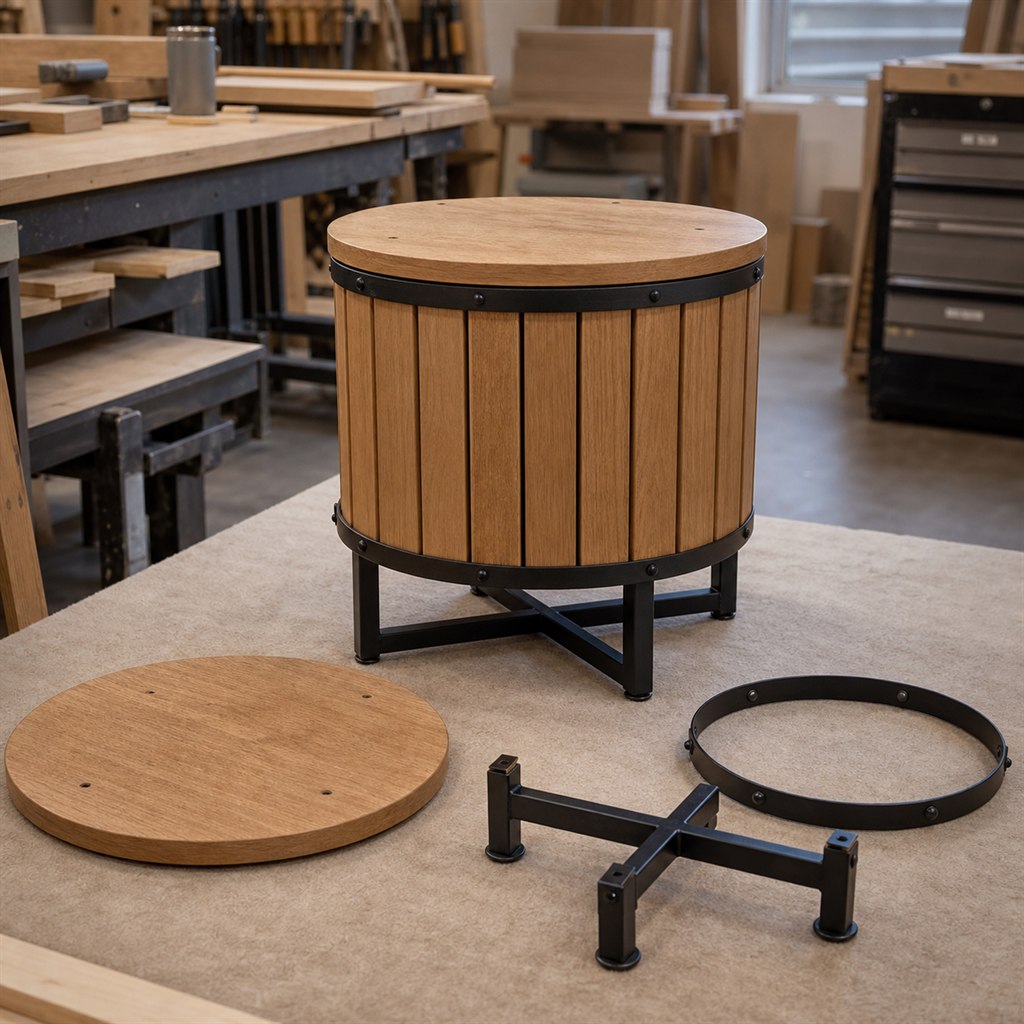 Drum Coffee Table With Vertical Wood Slats and Steel Bands - workshop dry-assembly view