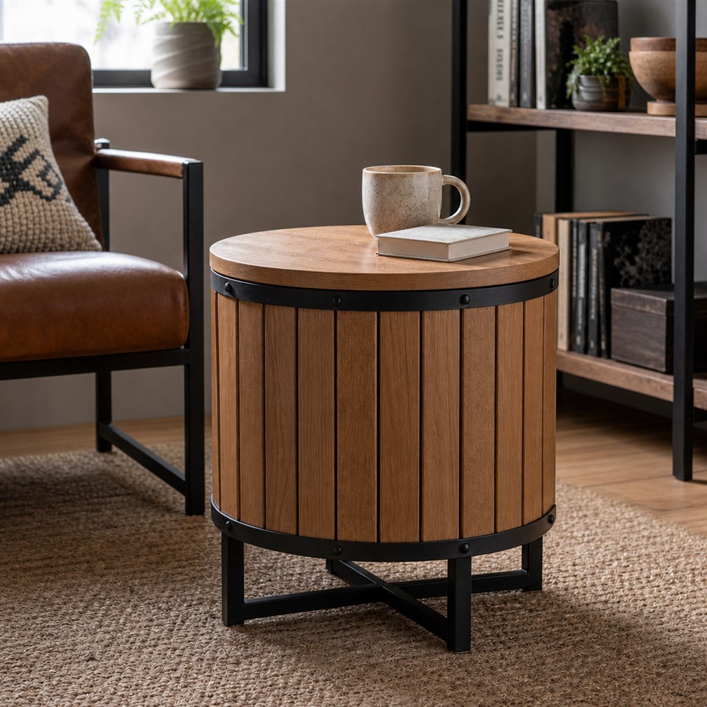 Drum Coffee Table With Vertical Wood Slats and Steel Bands - finished material detail