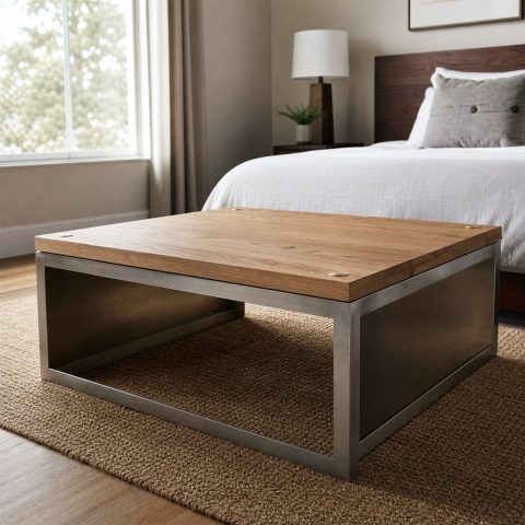 Square Coffee Table With an Oak Top and Steel Box Base