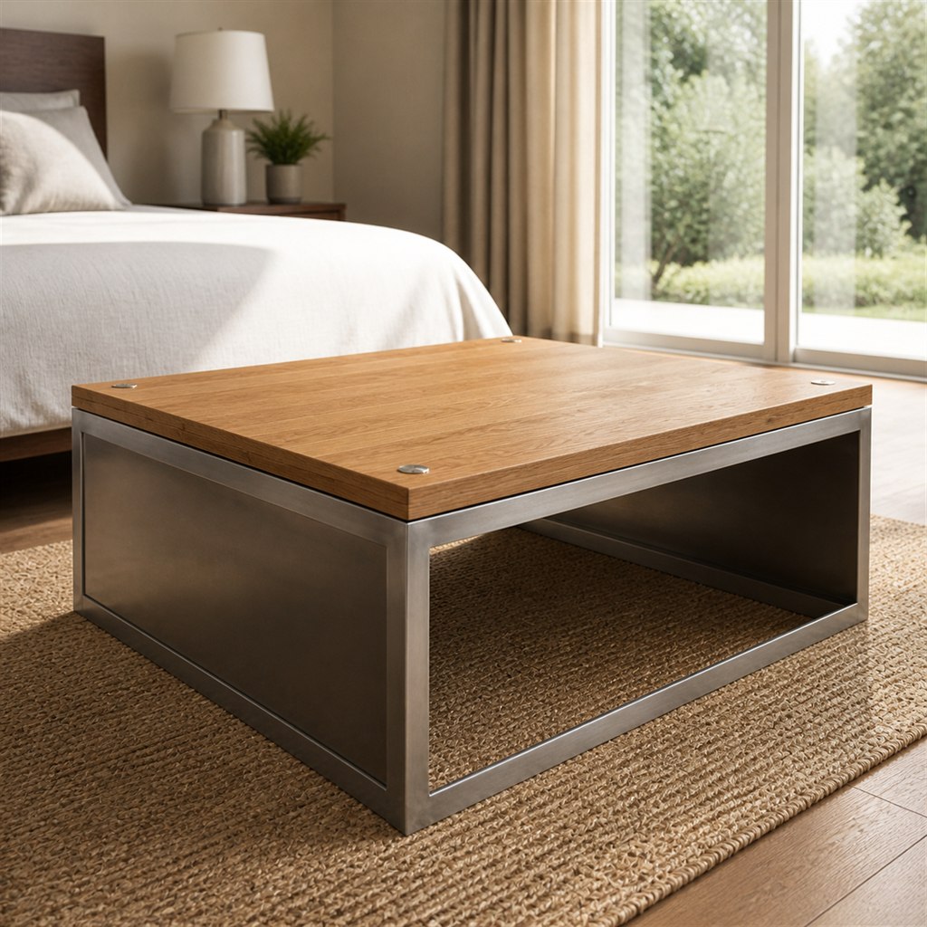 Square Coffee Table With an Oak Top and Steel Box Base - alternate full view