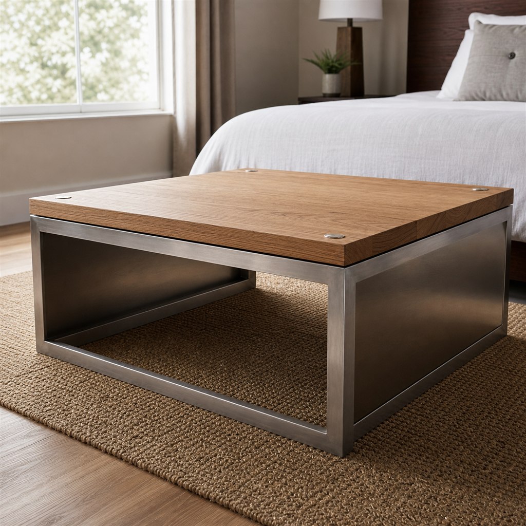 Square Coffee Table With an Oak Top and Steel Box Base - steel-frame detail