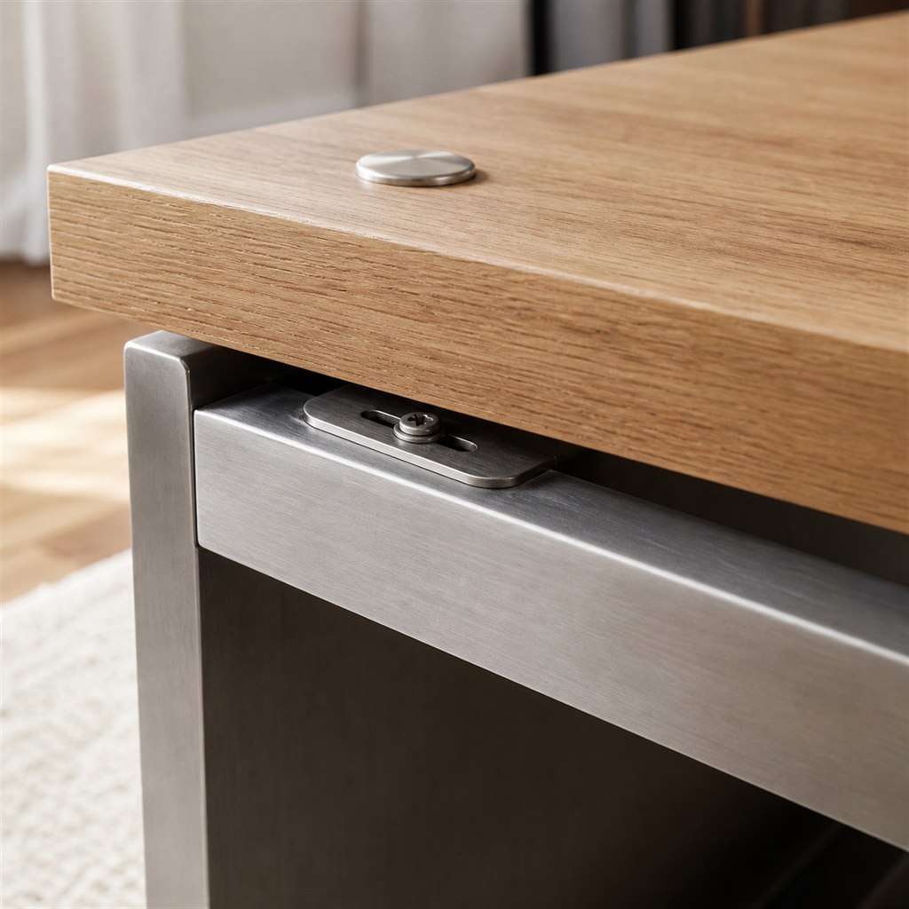 Square Coffee Table With an Oak Top and Steel Box Base - wood-to-steel interface detail