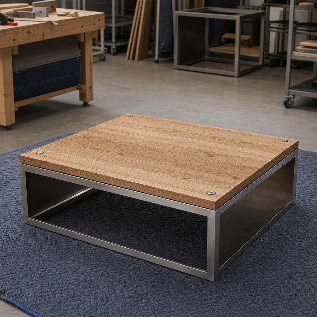 Square Coffee Table With an Oak Top and Steel Box Base - workshop dry-assembly view