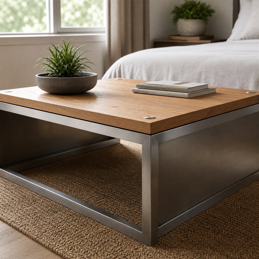 Square Coffee Table With an Oak Top and Steel Box Base - finished material detail