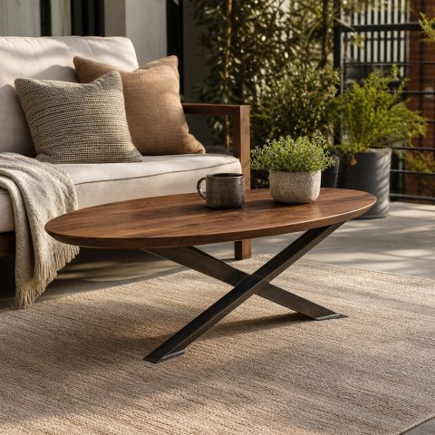 Oval Coffee Table With a Walnut Top and Crossed Steel Legs