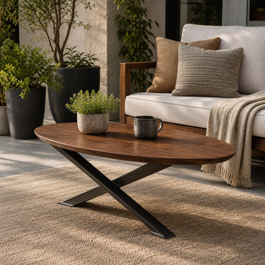 Oval Coffee Table With a Walnut Top and Crossed Steel Legs - alternate full view