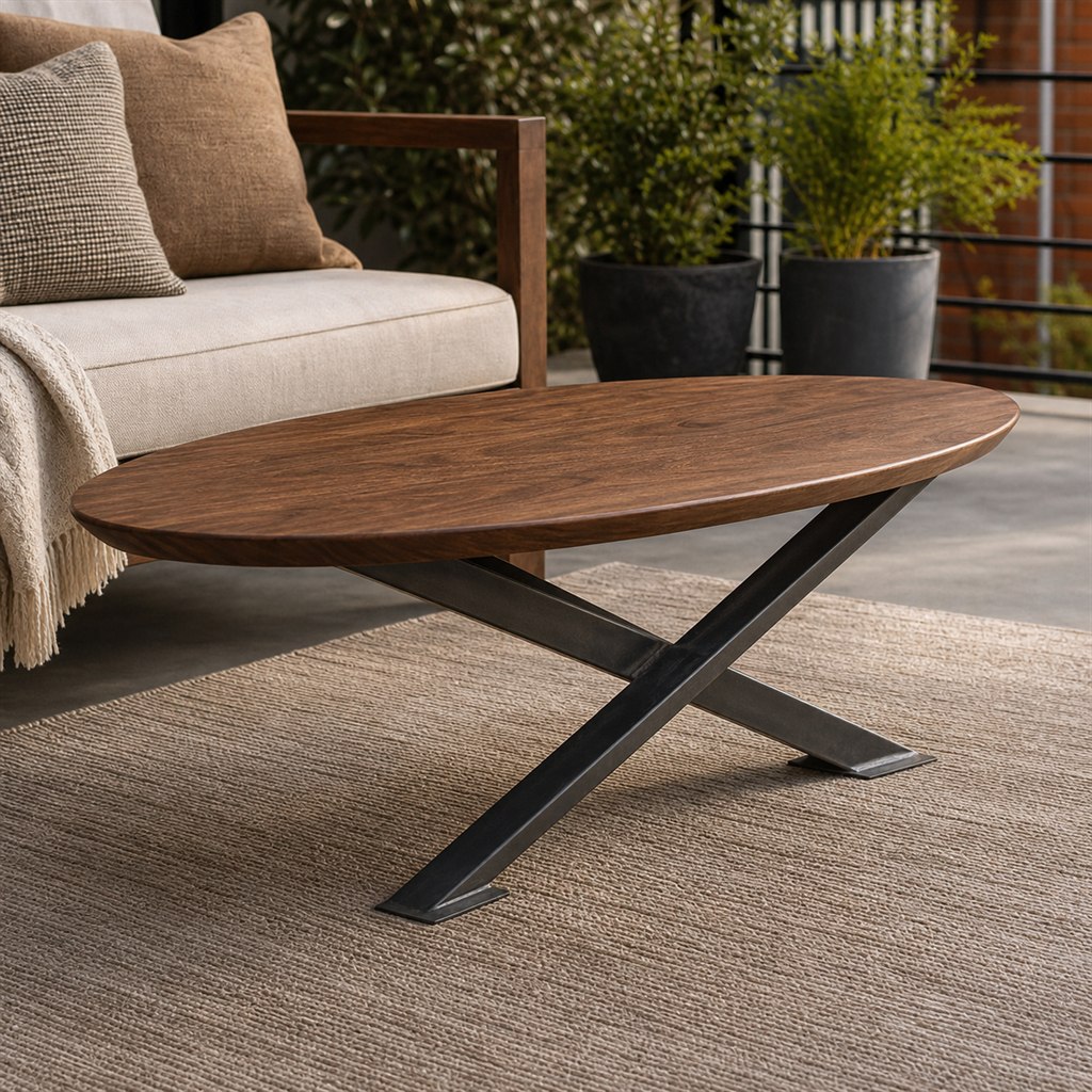 Oval Coffee Table With a Walnut Top and Crossed Steel Legs - steel-frame detail