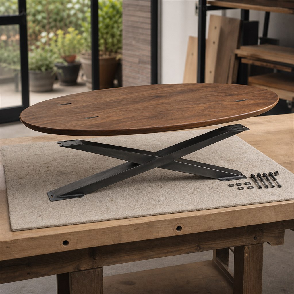 Oval Coffee Table With a Walnut Top and Crossed Steel Legs - workshop dry-assembly view