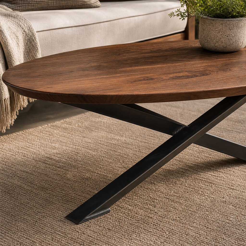 Oval Coffee Table With a Walnut Top and Crossed Steel Legs - finished material detail