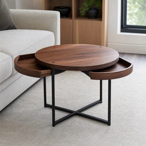 Coffee Table With Sliding Wood Trays and a Steel Frame