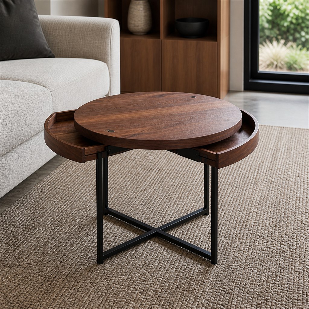 Coffee Table With Sliding Wood Trays and a Steel Frame - alternate full view