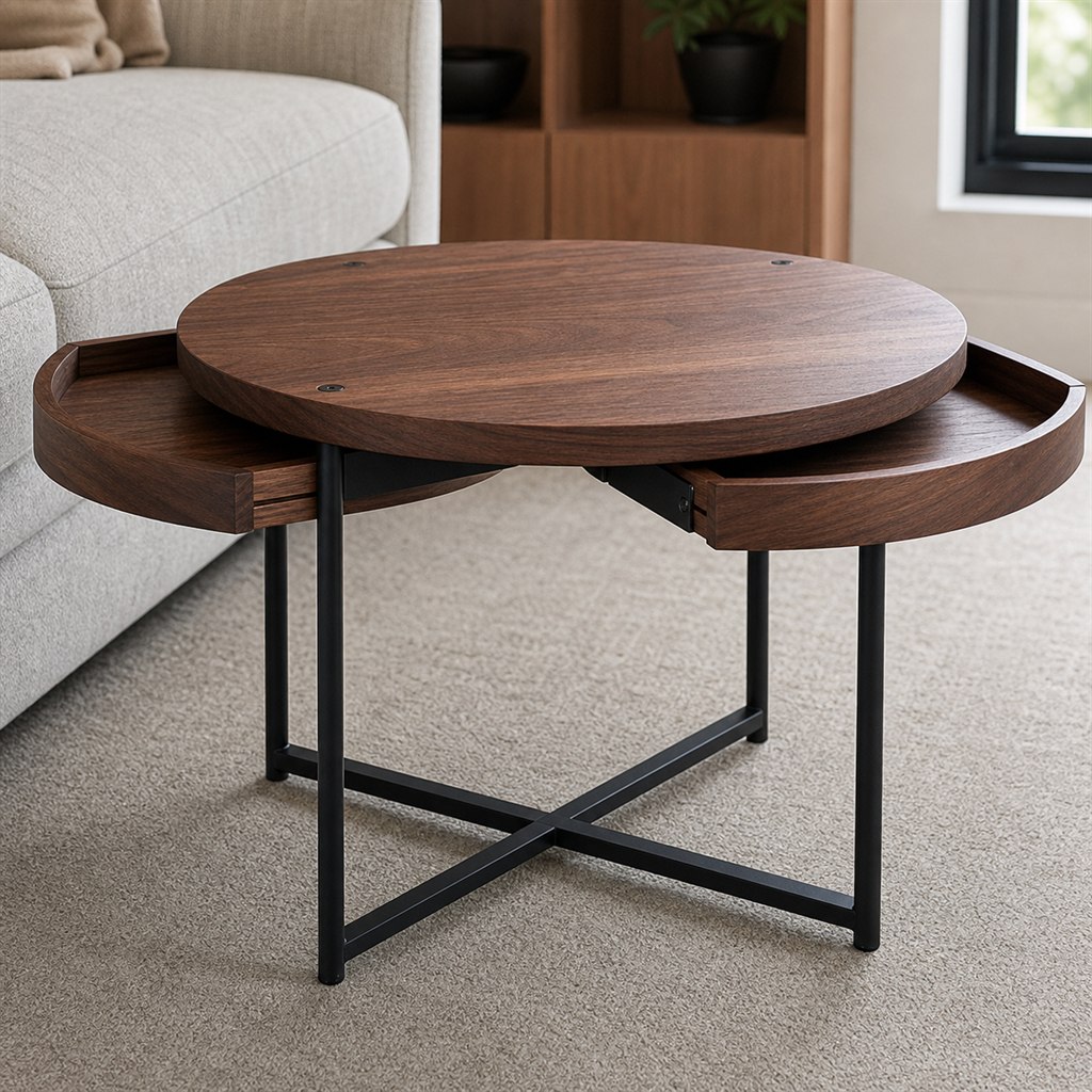 Coffee Table With Sliding Wood Trays and a Steel Frame - steel-frame detail