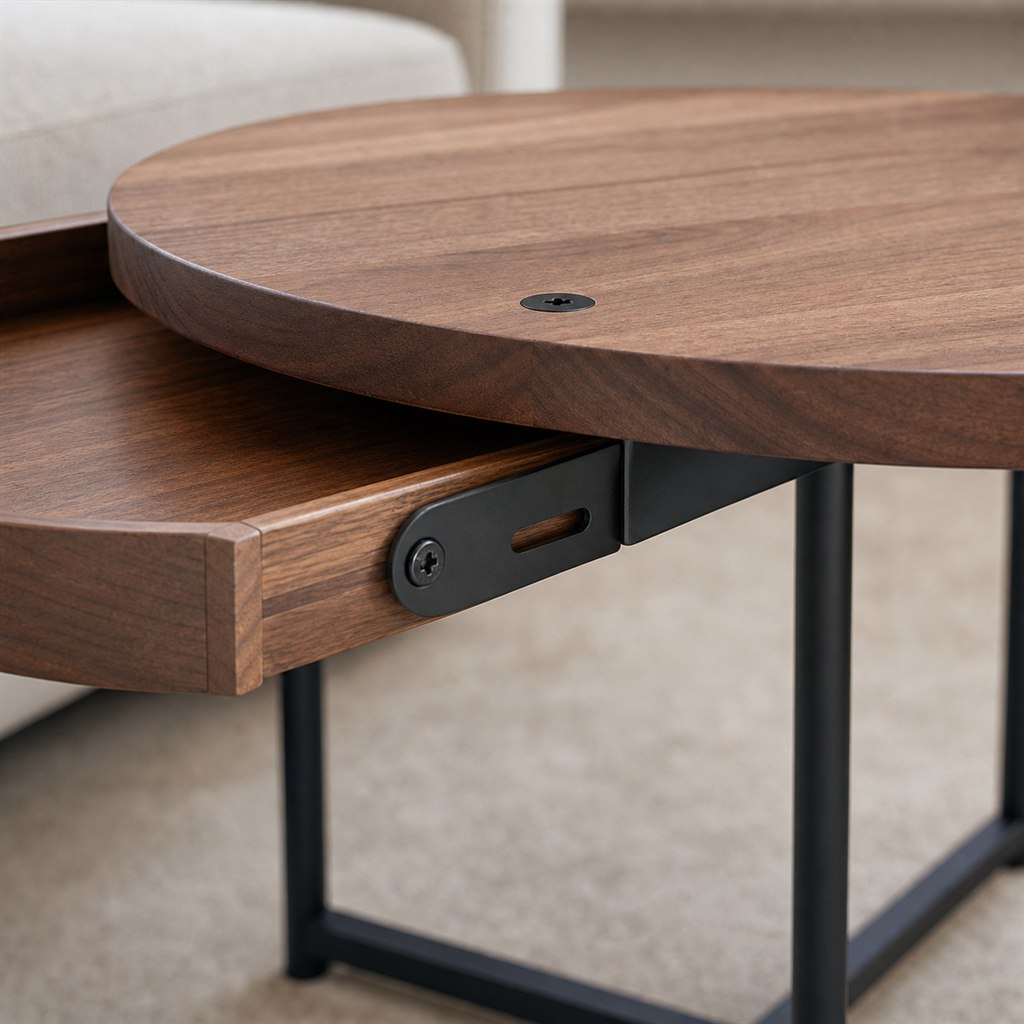 Coffee Table With Sliding Wood Trays and a Steel Frame - wood-to-steel interface detail