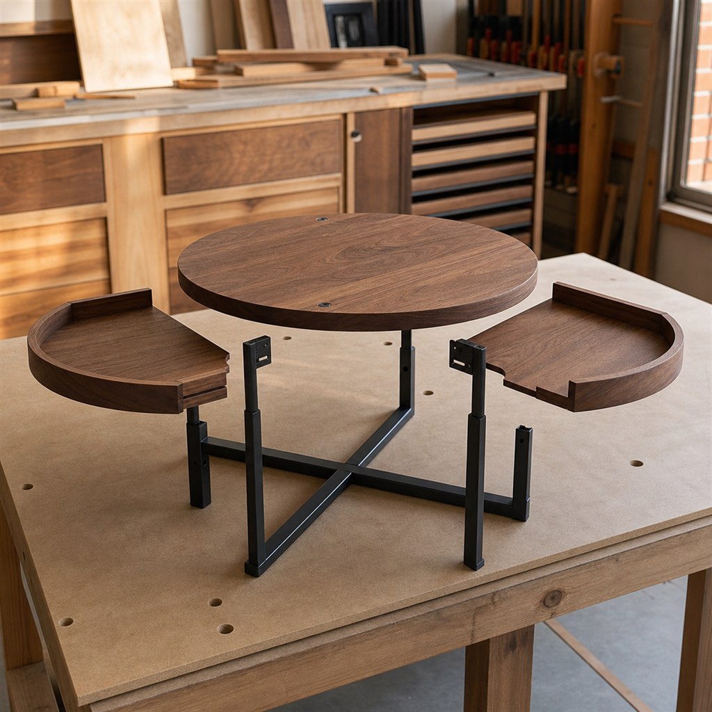 Coffee Table With Sliding Wood Trays and a Steel Frame - workshop dry-assembly view