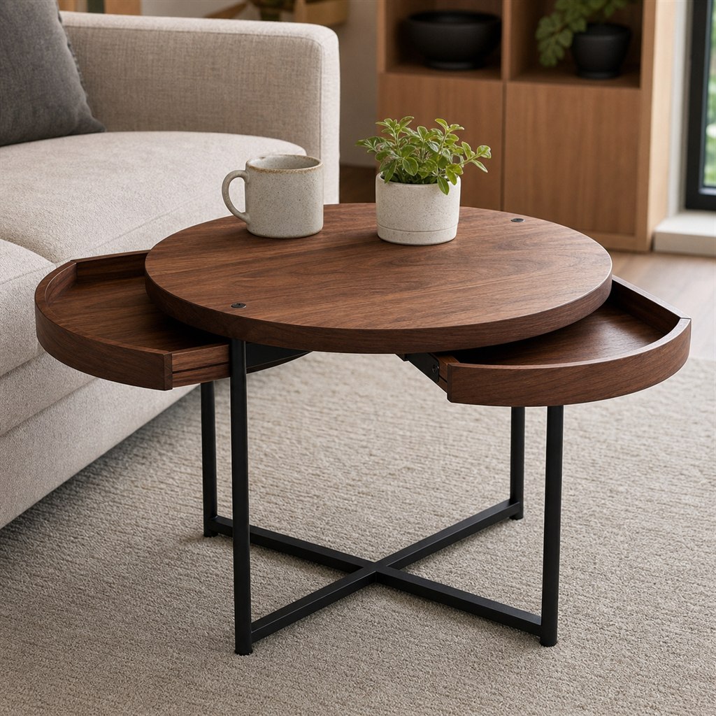 Coffee Table With Sliding Wood Trays and a Steel Frame - finished material detail