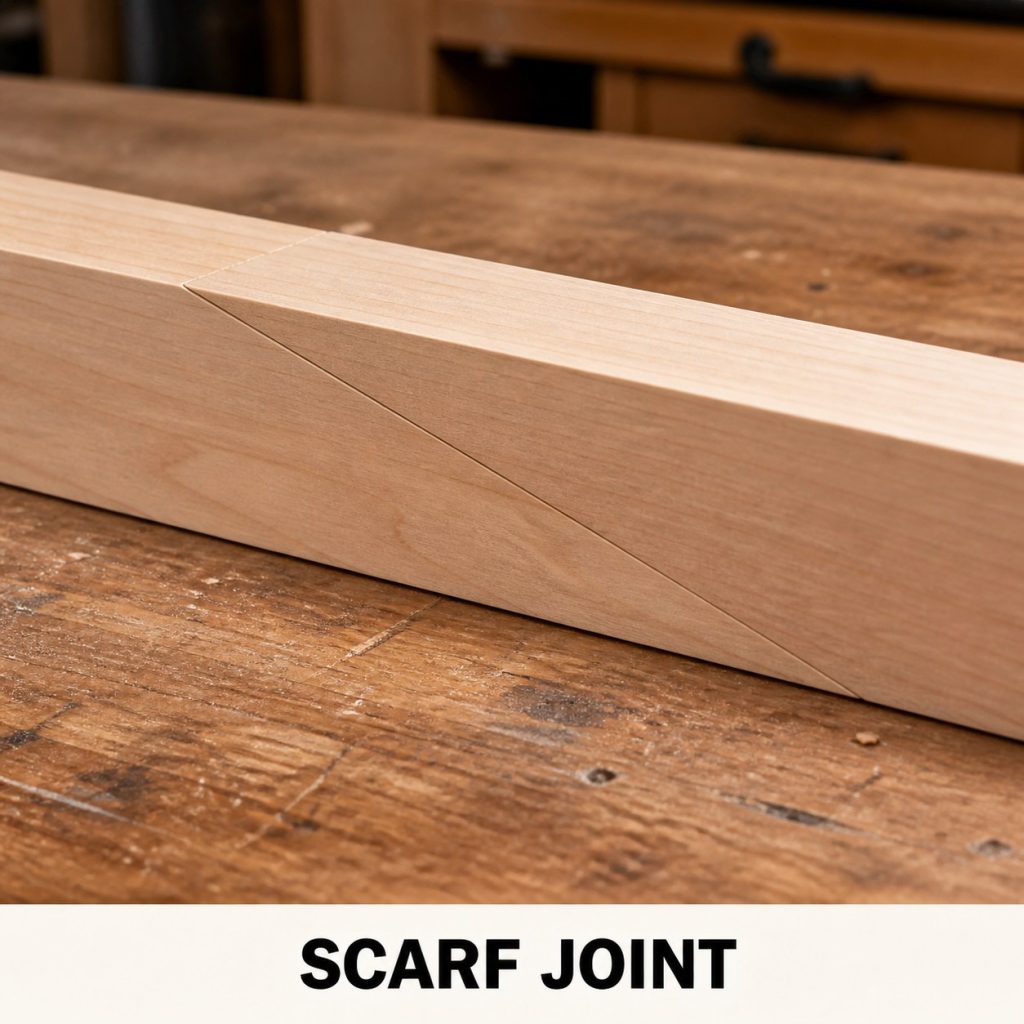 Photorealistic labeled example of Plain Splayed Scarf Joint showing the woodworking connection.