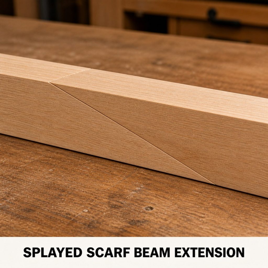 Photorealistic labeled example of Splayed Scarf Beam Extension showing the woodworking connection.