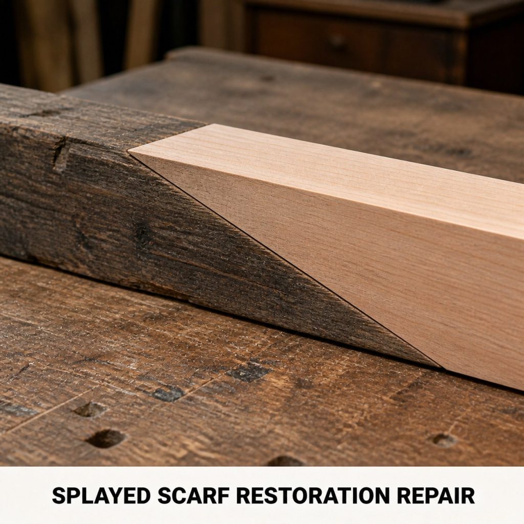 Photorealistic labeled example of Splayed Scarf Restoration Repair showing the woodworking connection.