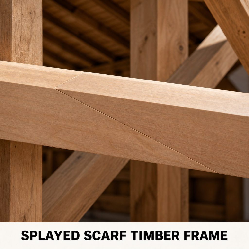 Photorealistic labeled example of Splayed Scarf Timber Frame showing the woodworking connection.
