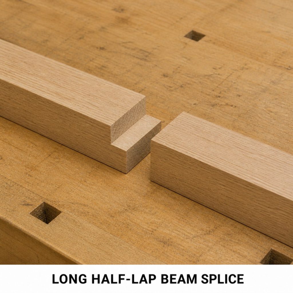 Photorealistic labeled example of Long Half-Lap Beam Splice showing the woodworking connection.
