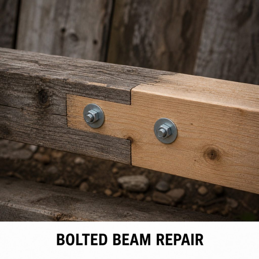 Photorealistic labeled example of Bolted Beam Repair showing the woodworking connection.