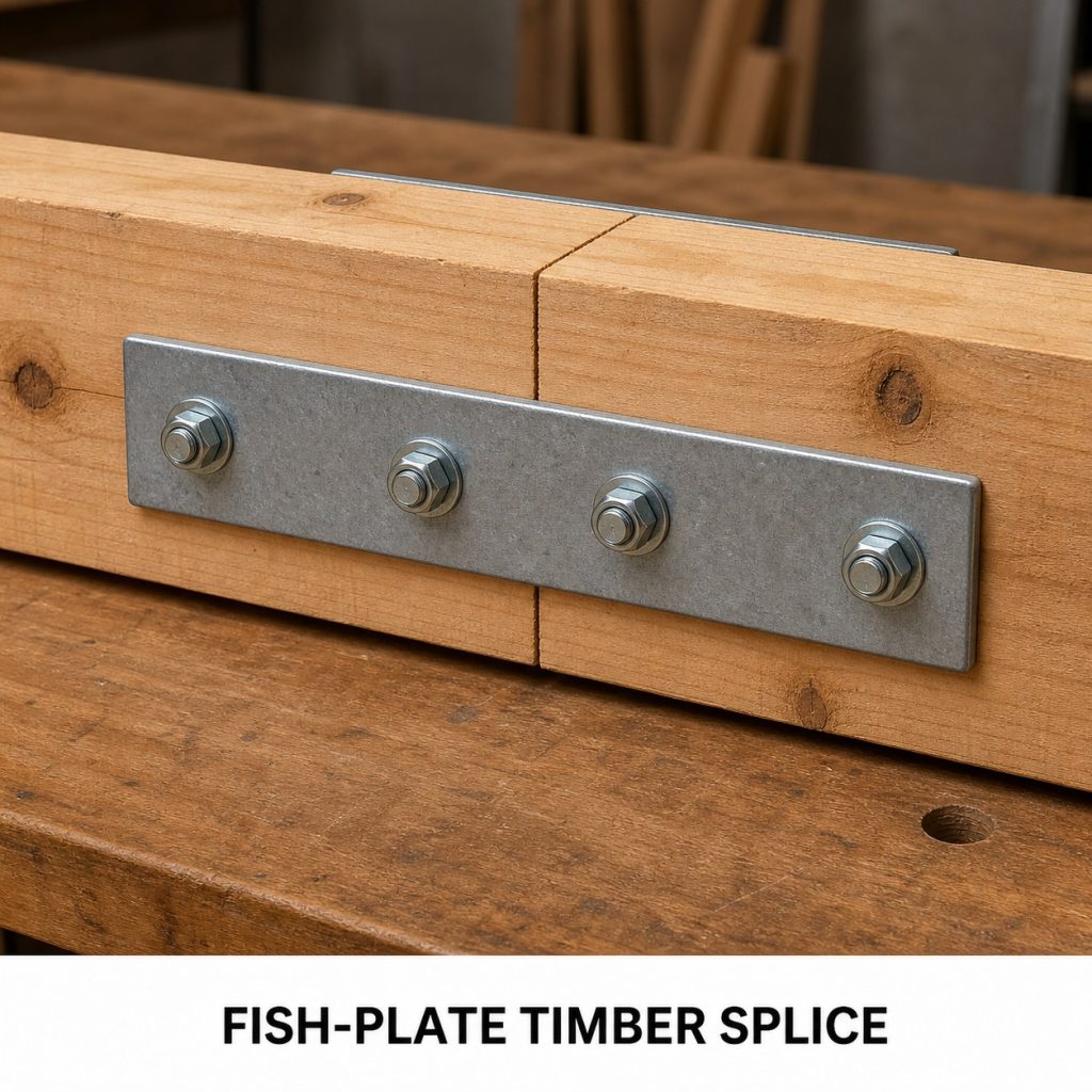 Photorealistic labeled example of Fish-Plate Timber Splice showing the woodworking connection.