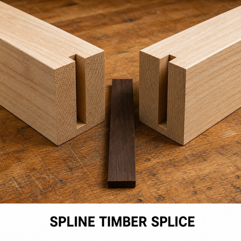 Photorealistic labeled example of Spline Timber Splice showing the woodworking connection.