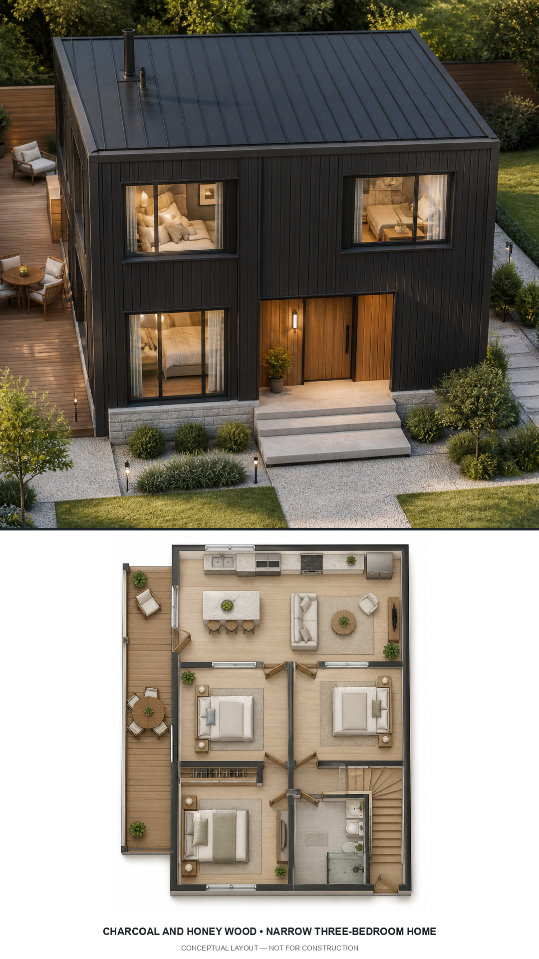 Charcoal and Honey Wood Narrow Three-Bedroom Home exterior and furnished conceptual floor plan