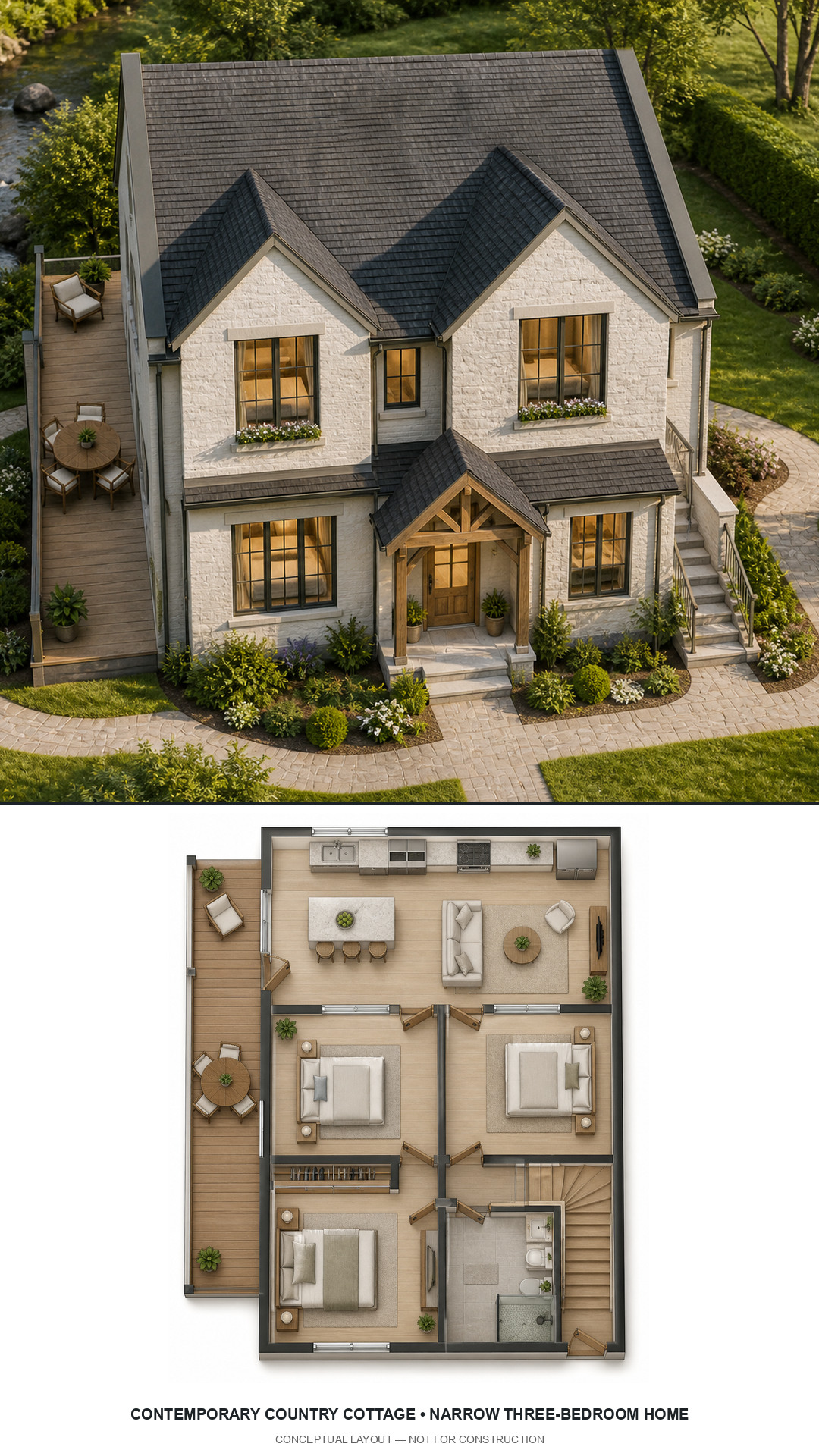 Contemporary Country Cottage Narrow Three-Bedroom Home exterior and furnished conceptual floor plan
