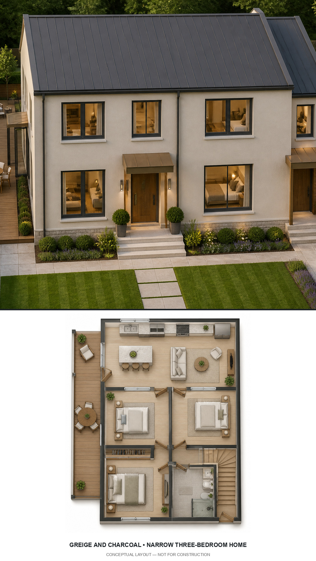 Greige and Charcoal Narrow Three-Bedroom Home exterior and furnished conceptual floor plan