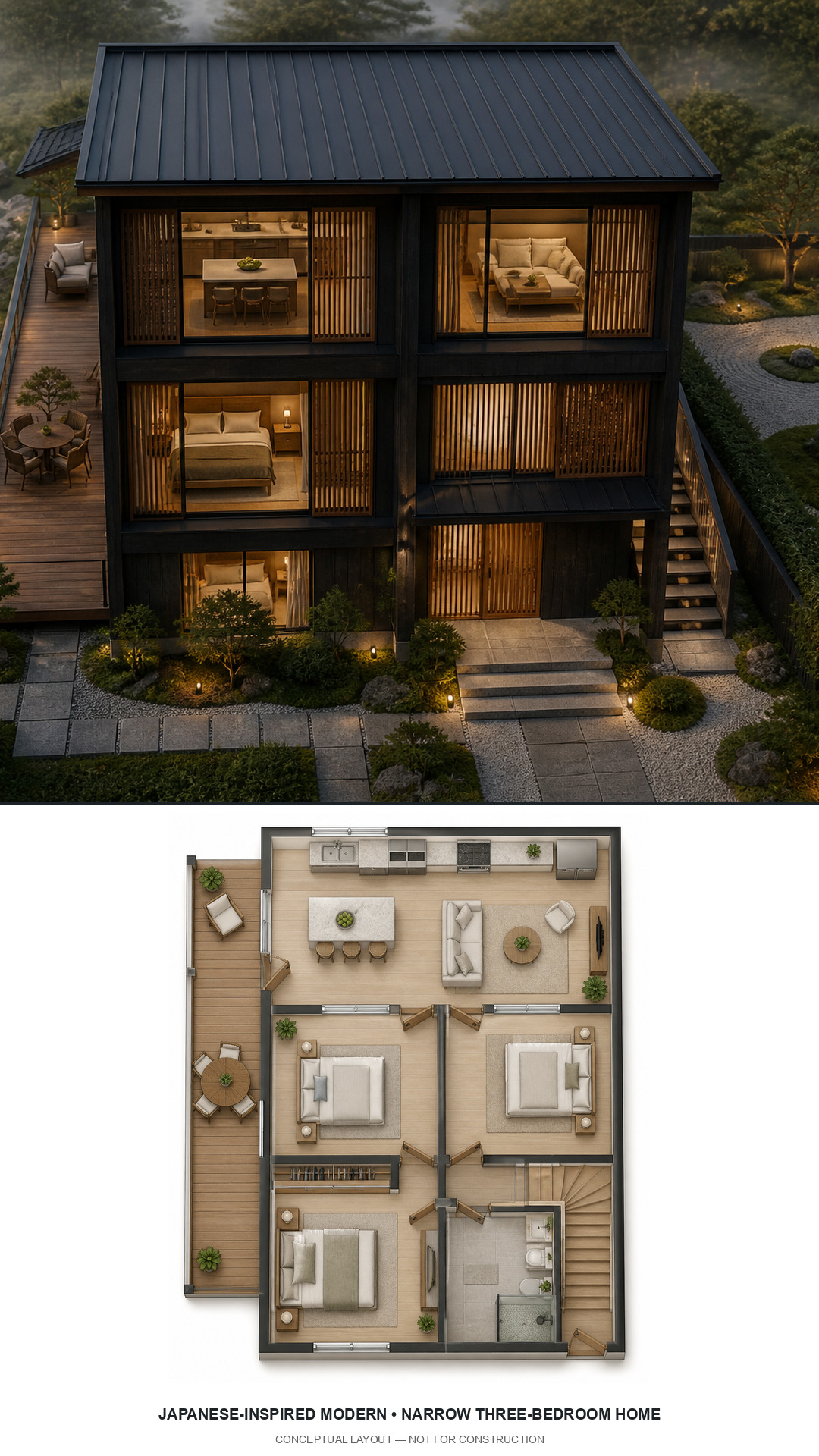 Japanese-Inspired Modern Narrow Three-Bedroom Home exterior and furnished conceptual floor plan