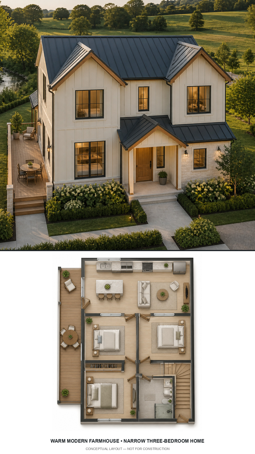 Warm Modern Farmhouse Narrow Three-Bedroom Home exterior and furnished conceptual floor plan