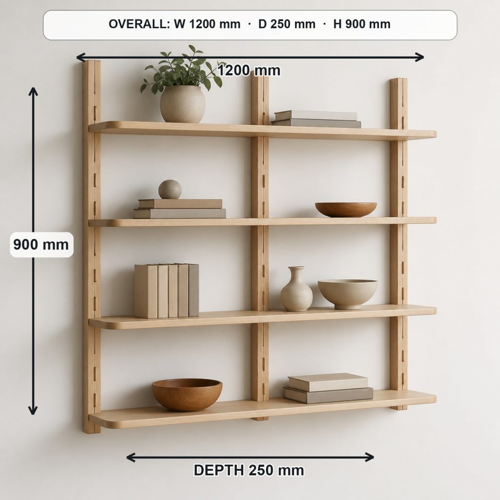 modular ash wall shelving unit complete three-quarter project view, overall dimensions 1200 mm wide × 250 mm deep × 900 mm high