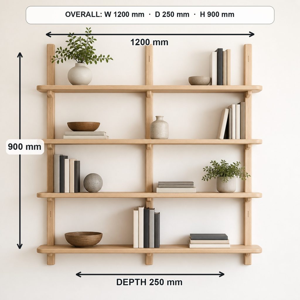 modular ash wall shelving unit front elevation and overall proportions, overall dimensions 1200 mm wide × 250 mm deep × 900 mm high