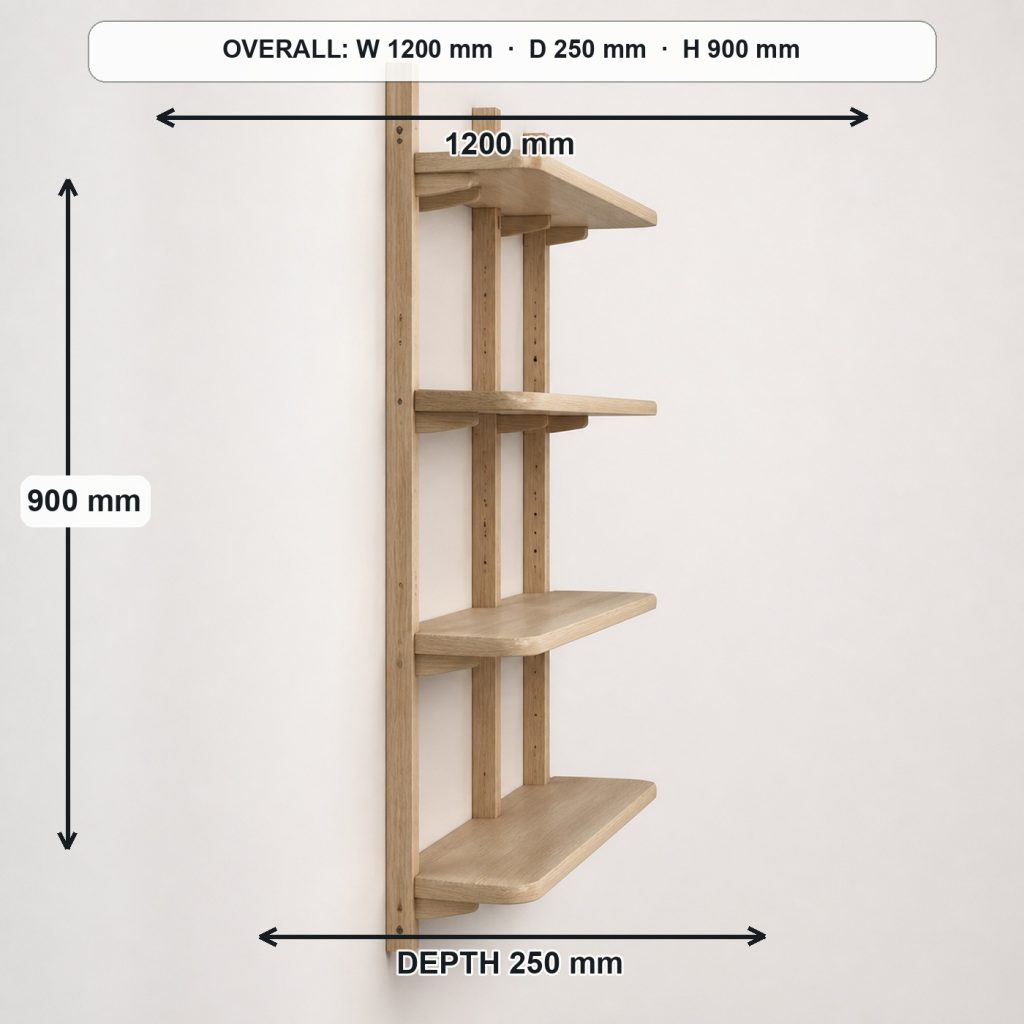 modular ash wall shelving unit side elevation and depth, overall dimensions 1200 mm wide × 250 mm deep × 900 mm high