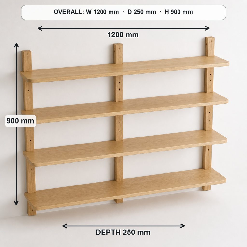 modular ash wall shelving unit top view and usable surface, overall dimensions 1200 mm wide × 250 mm deep × 900 mm high
